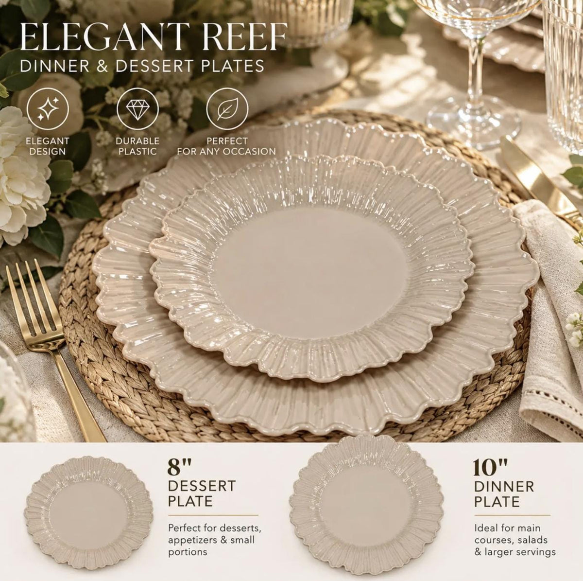Reef Design Plastic Dinner & Dessert Plates – Elegant Disposable Tableware for Weddings & Showers
