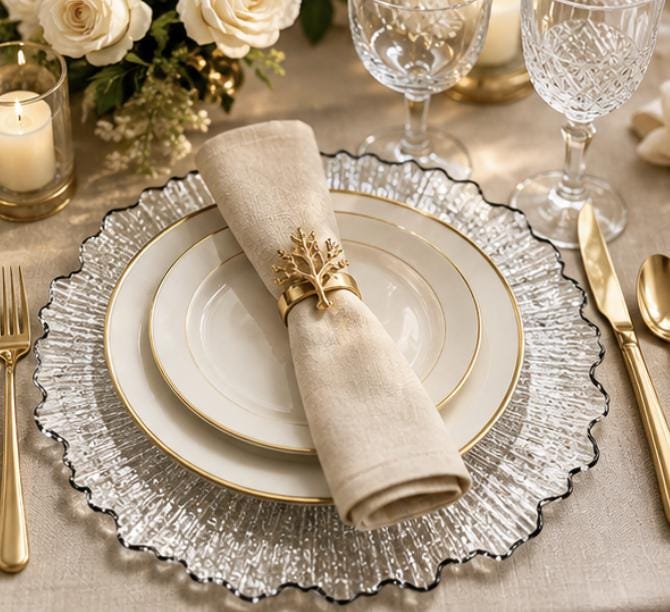 Reef Textured Plastic Charger Plates with Gold Rim – Round Chargers for Weddings & Receptions