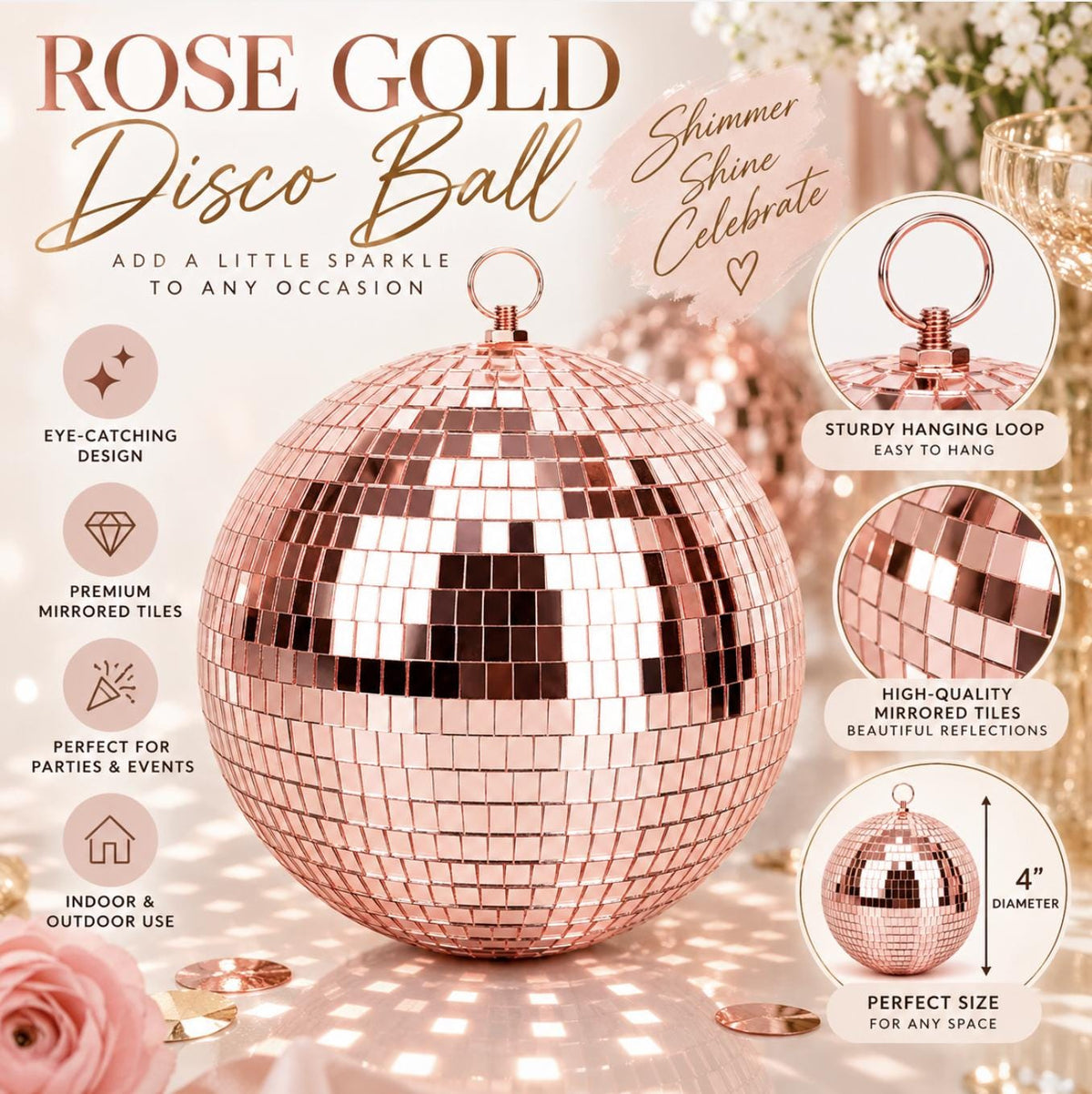 Rose Gold Mirror Disco Balls – Pink Disco Decorations for Last Disco & Bridal Showers