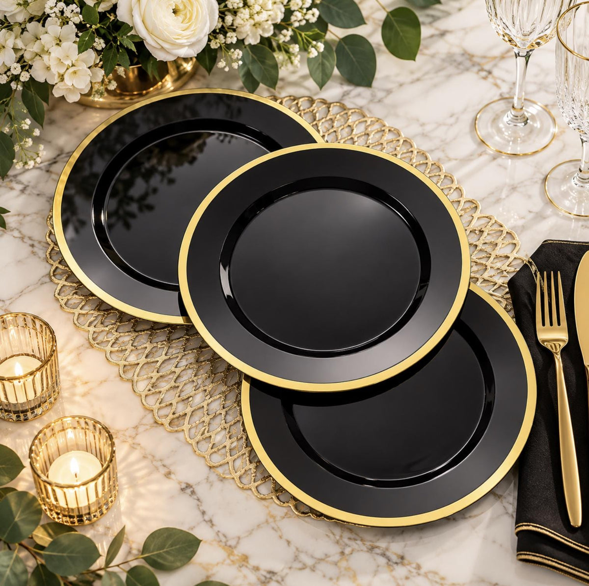 Round Plastic Dinner Dessert Plates – 7” & 10” Luxury Disposable Plates for Events Weddings
