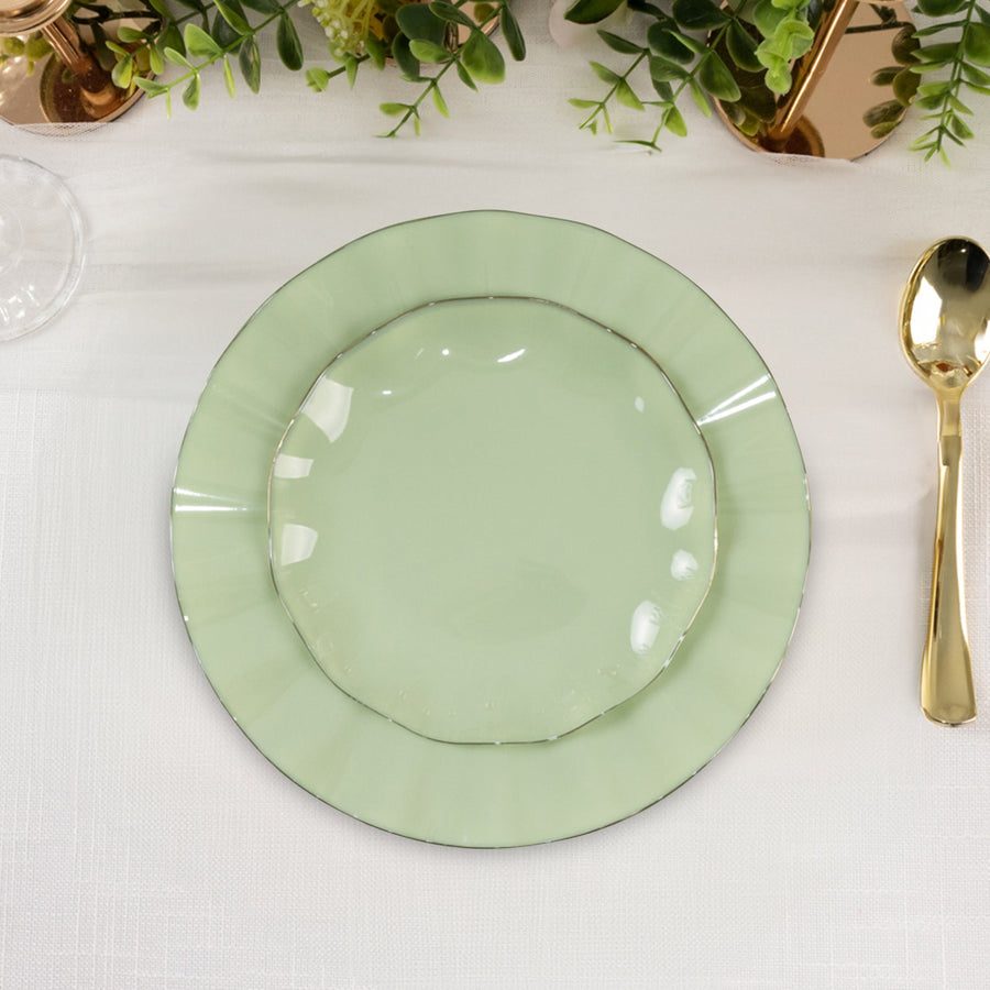 Sage green heavy-duty dinner plate with gold ruffled rim – fancy disposable plate for upscale parties and receptions