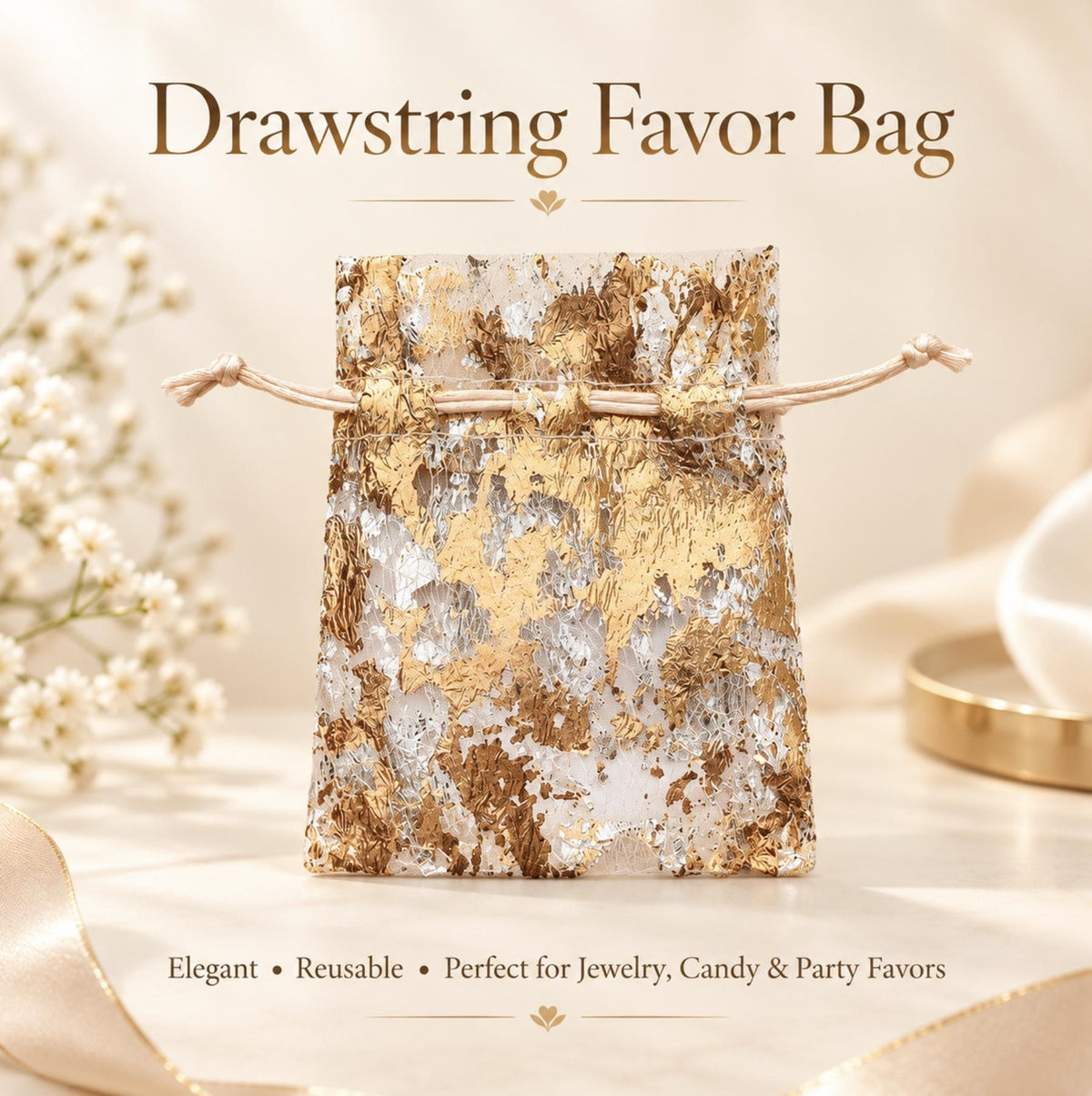 12 - Pack Metallic Gold or Silver Foil Drawstring Candy Bags – Wedding & Party Favor Bags - Pretty Party Boxx