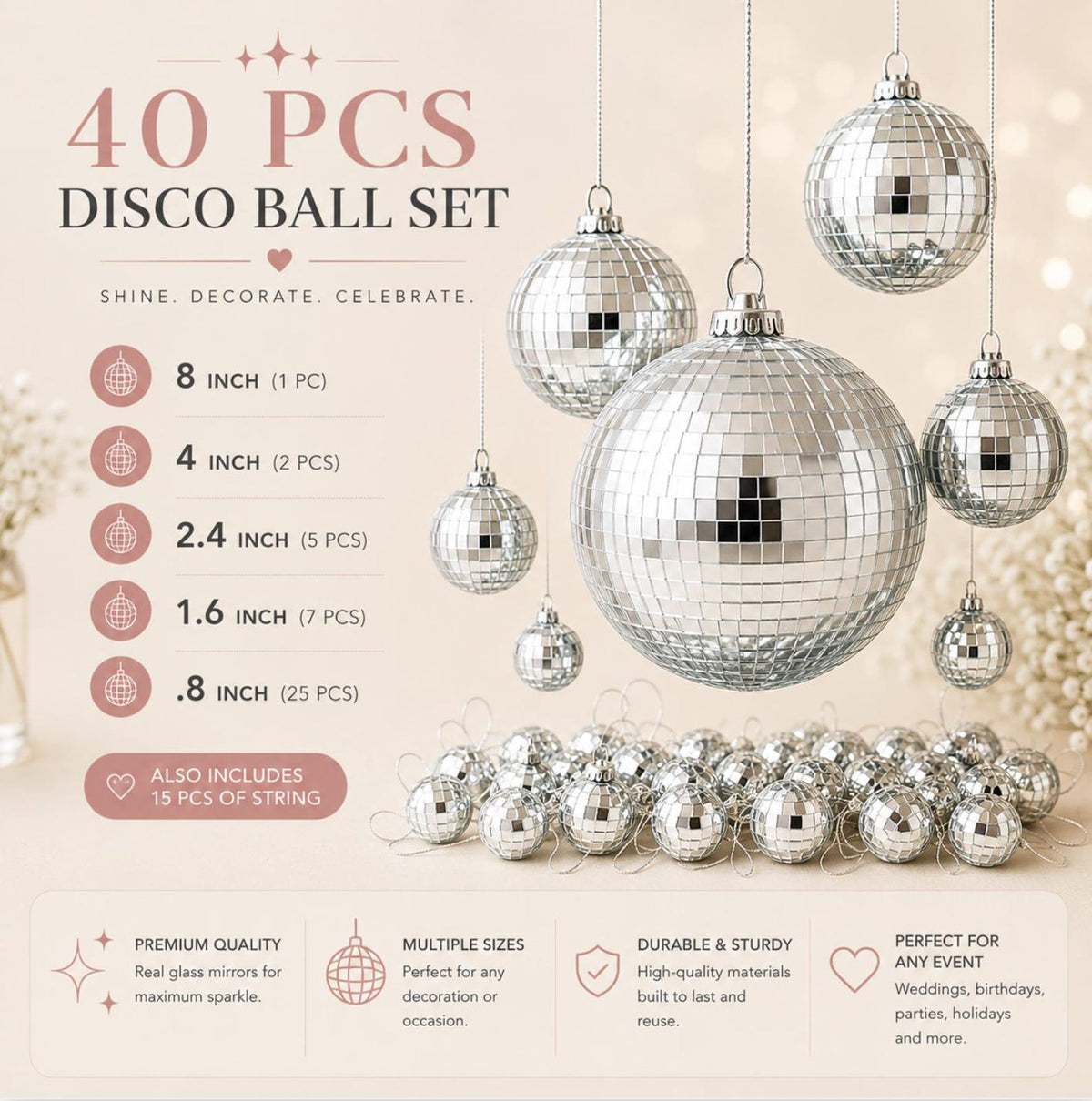 10 - Inch Silver Disco Ball Set – 40 Reflective Mirror Balls - Pretty Party Boxx