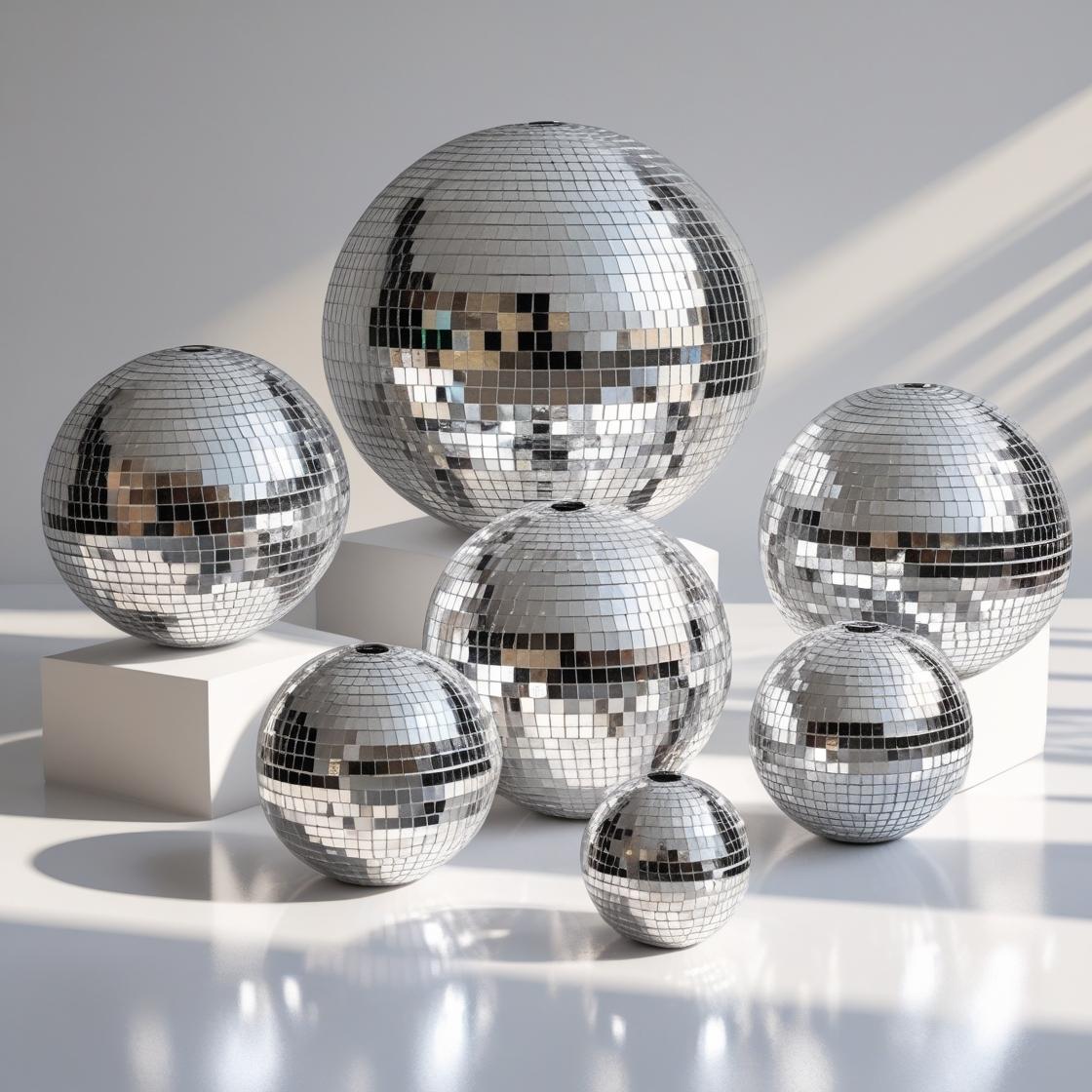 Collection of silver disco balls in assorted sizes arranged for a disco theme party, perfect for party centerpieces, decorations, and retro-style events.