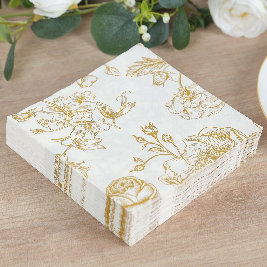 20 - Pack Elegant Paper Cocktail Napkins – Peony Flower Print with Gold Trim for Weddings & Events - Pretty Party Boxx