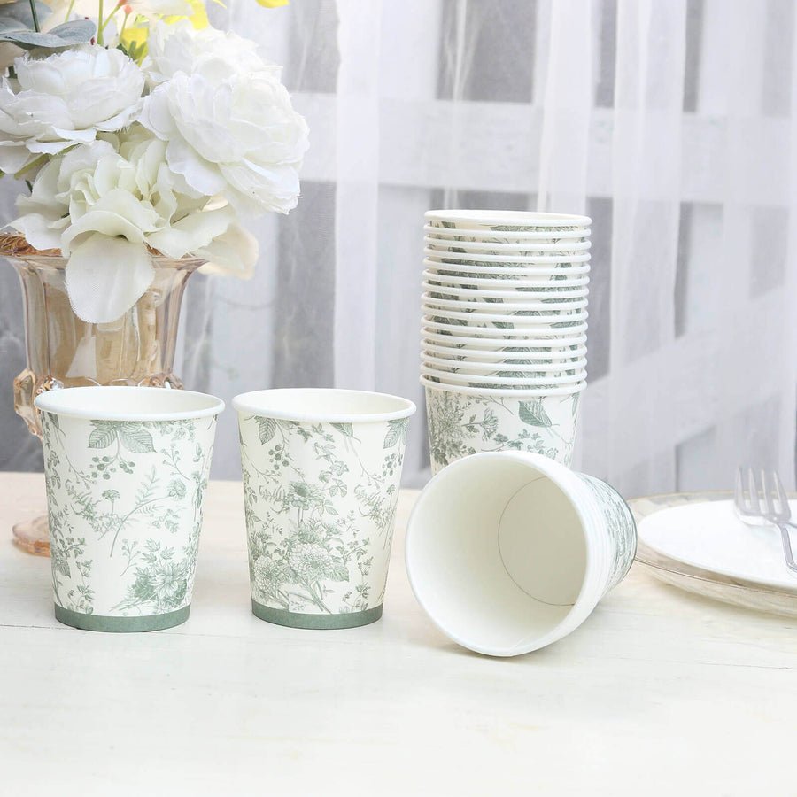 Green floral paper cups with matching plates – eco-friendly tableware for events