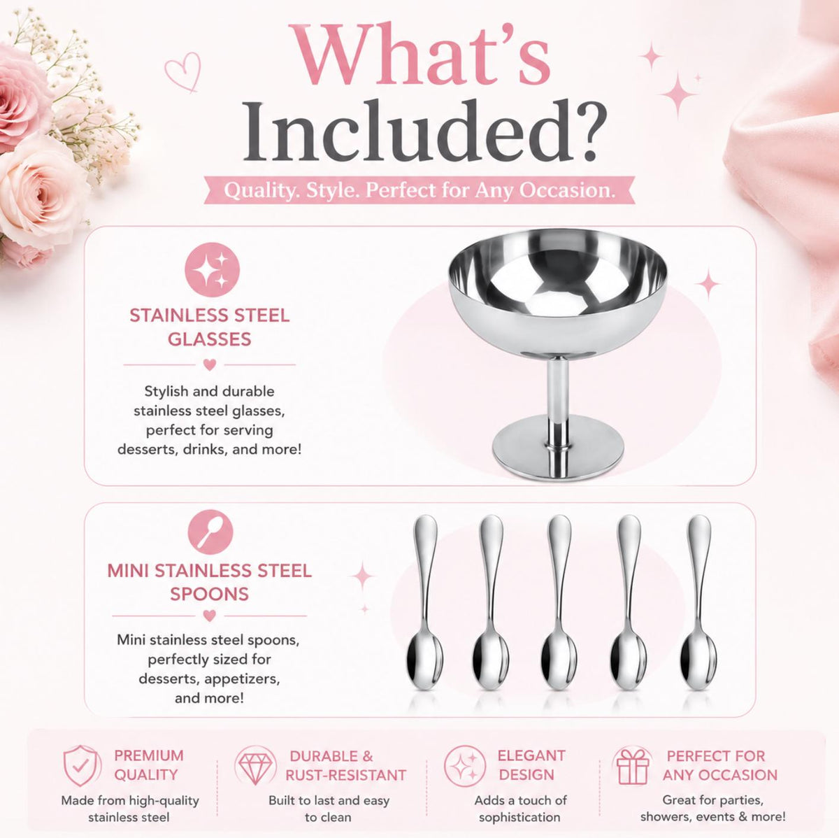 Stainless Steel Vintage Ice Cream Coupe Cups with Mini Spoons – Italian Style Dessert Cups