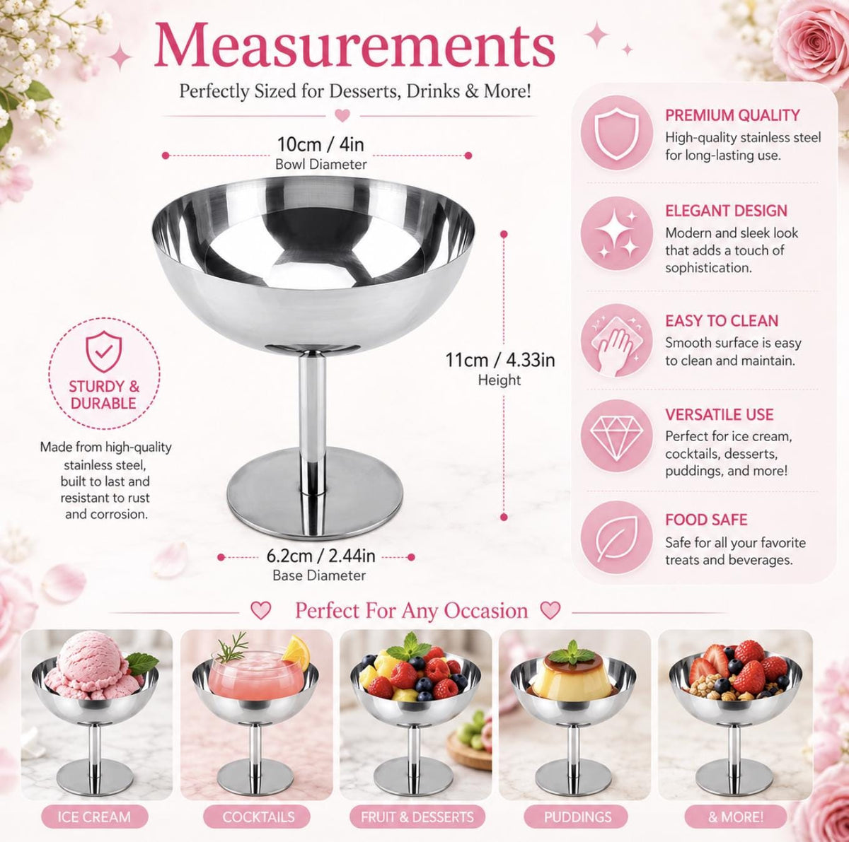Stainless Steel Vintage Ice Cream Coupe Cups with Mini Spoons – Italian Style Dessert Cups