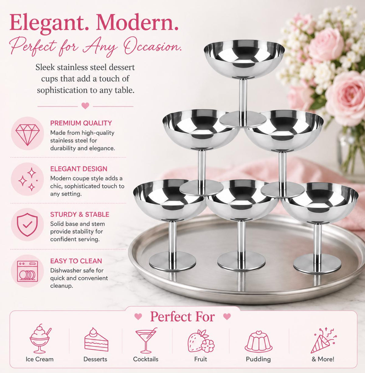 Stainless Steel Vintage Ice Cream Coupe Cups with Mini Spoons – Italian Style Dessert Cups