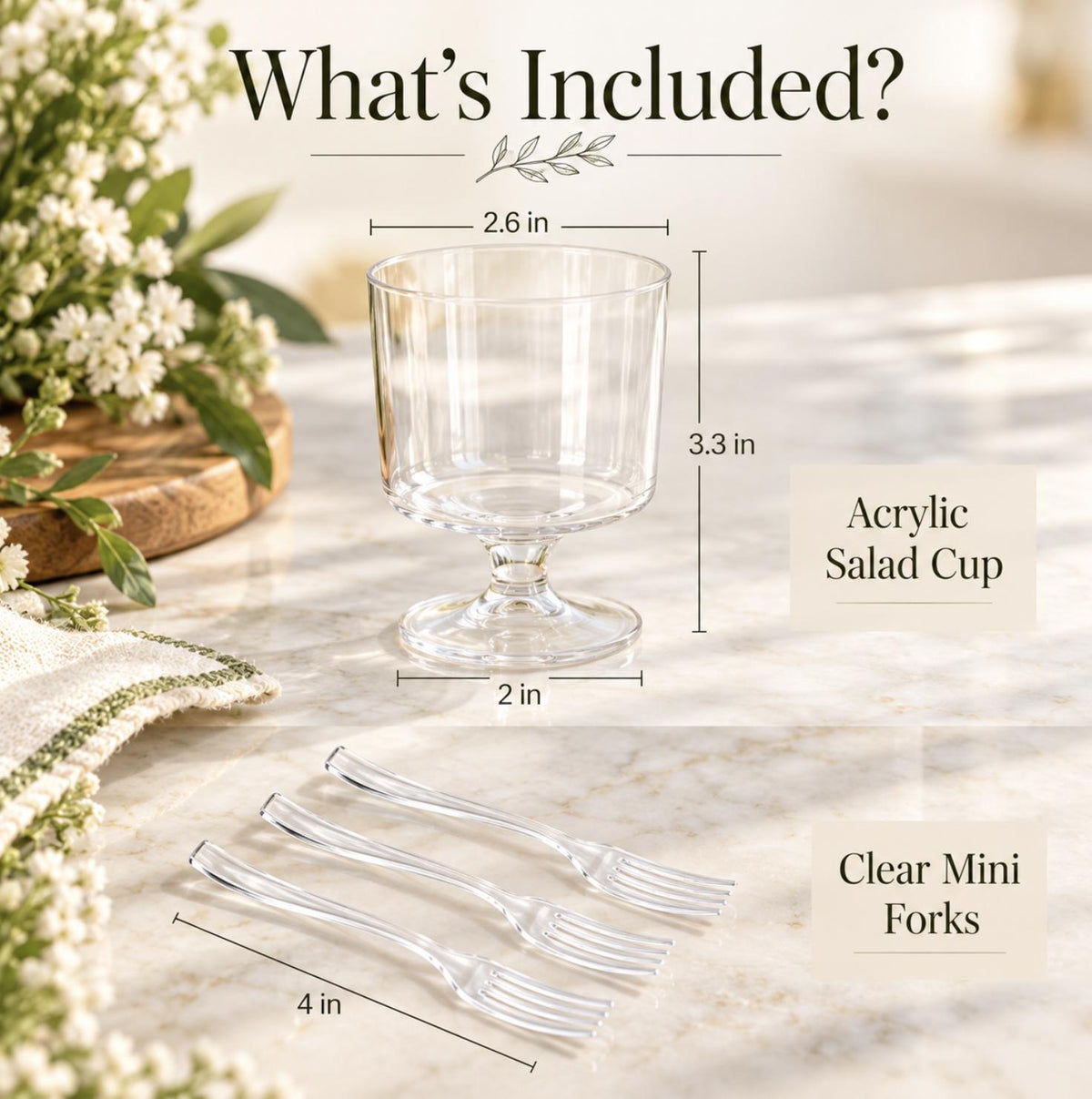 Stemmed Acrylic Salad Cups with Mini Forks – Individual Appetizer Cups for Buffets & Weddings