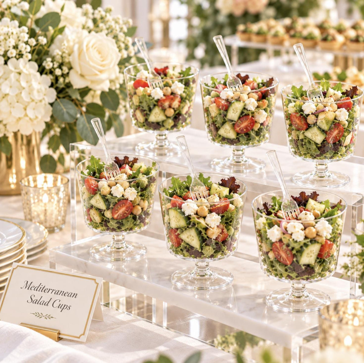 Stemmed Acrylic Salad Cups with Mini Forks – Individual Appetizer Cups for Buffets & Weddings