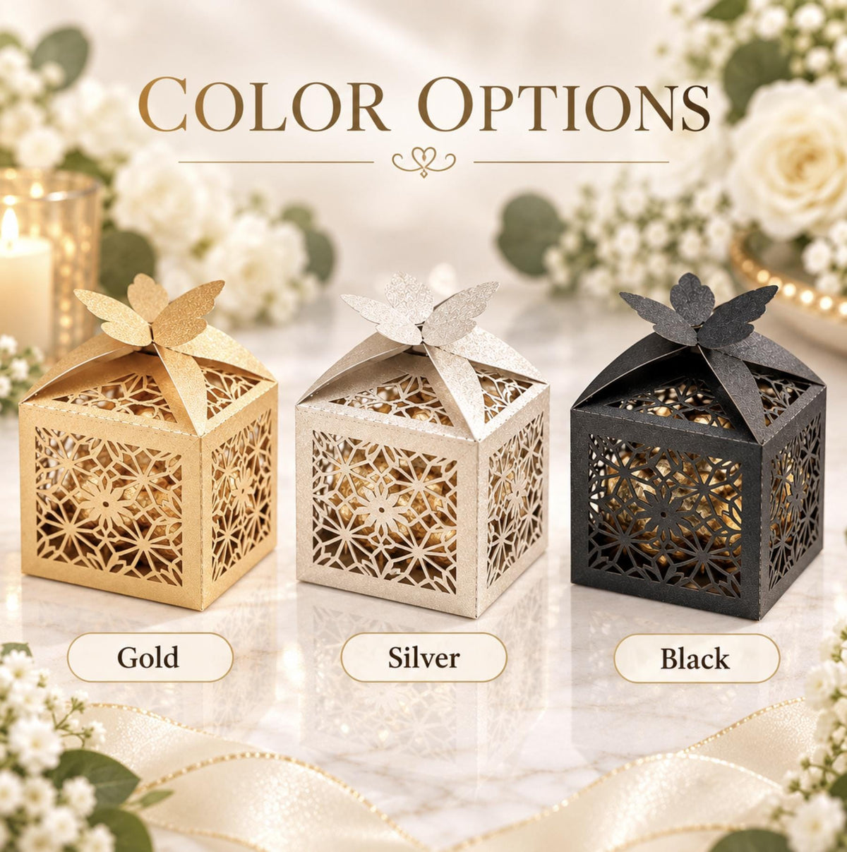 Gold butterfly favor boxes – elegant floral cutout candy boxes for parties and celebrations