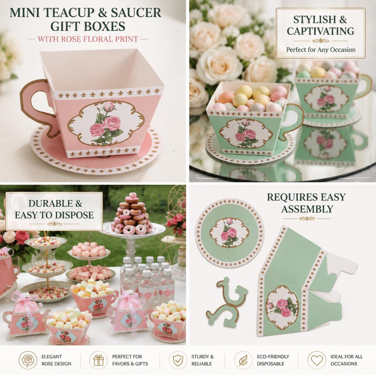 25 Pack Mini Teacup and Saucer Party Favor Boxes with Rose Floral Print - Tea Time Candy Boxes - Pretty Party Boxx