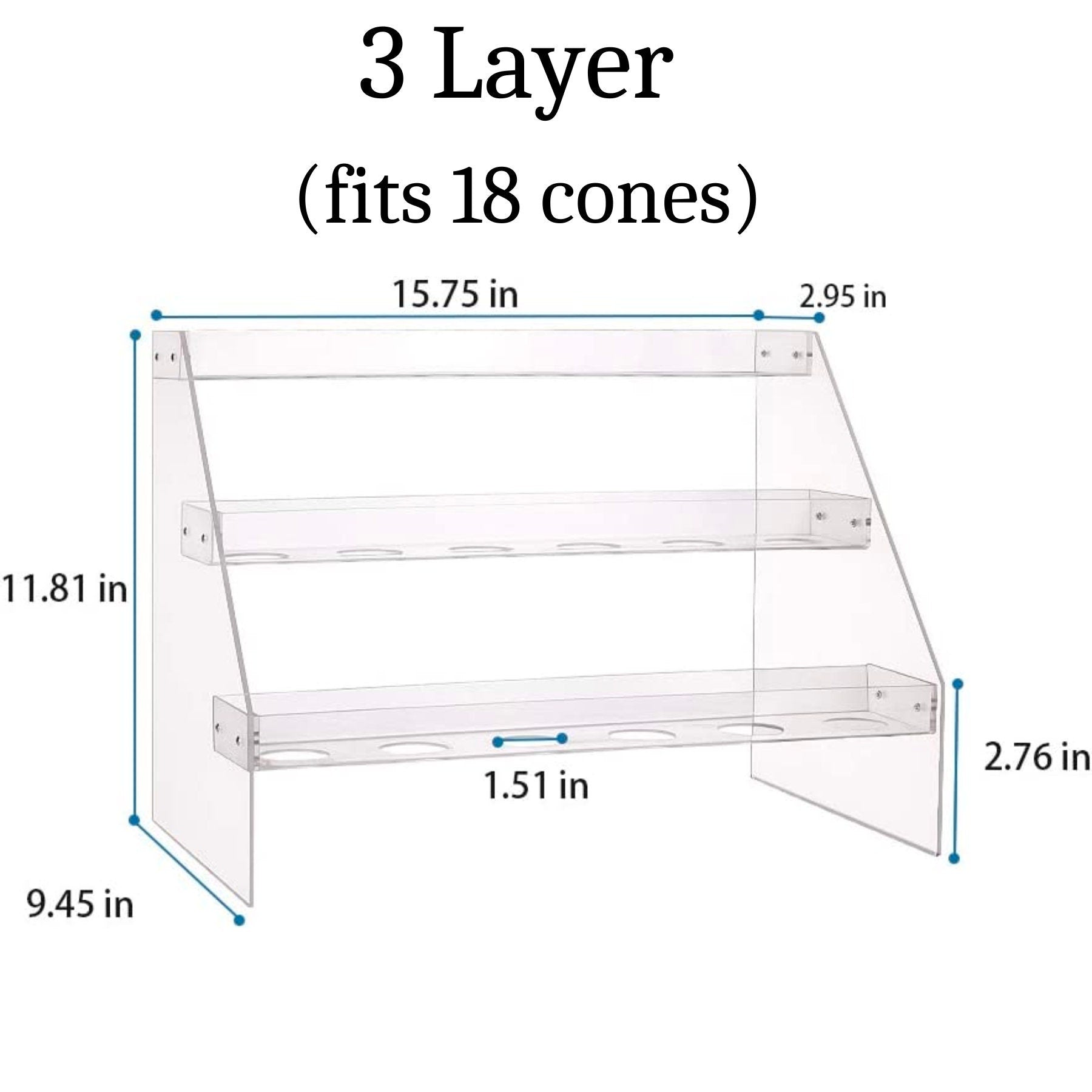 Three-tier acrylic dessert stand holding charcuterie cones with appetizers and fancy toothpicks for party display.