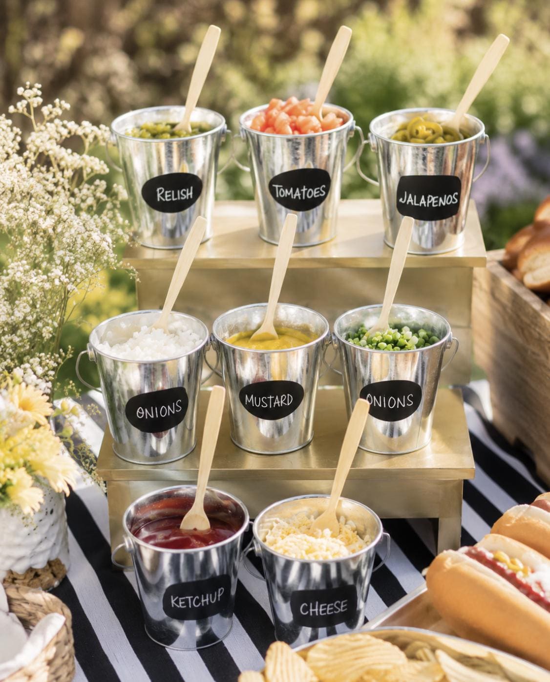 Tin Condiment Buckets with Serving Spoons – BBQ & Outdoor Party Topping Bar Display