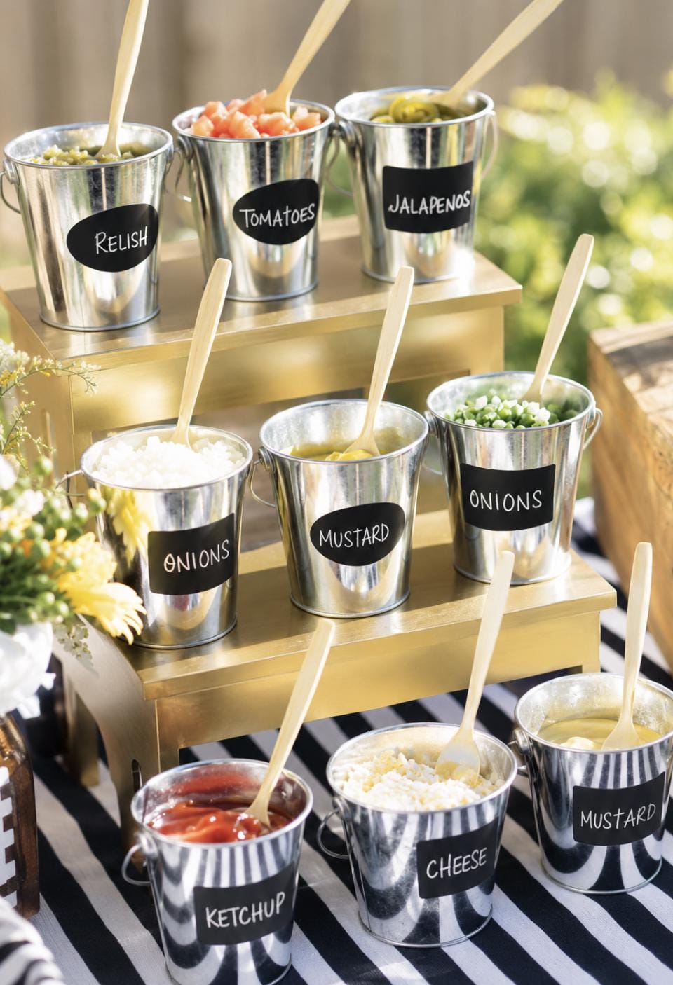 Tin Condiment Buckets with Serving Spoons – BBQ & Outdoor Party Topping Bar Display