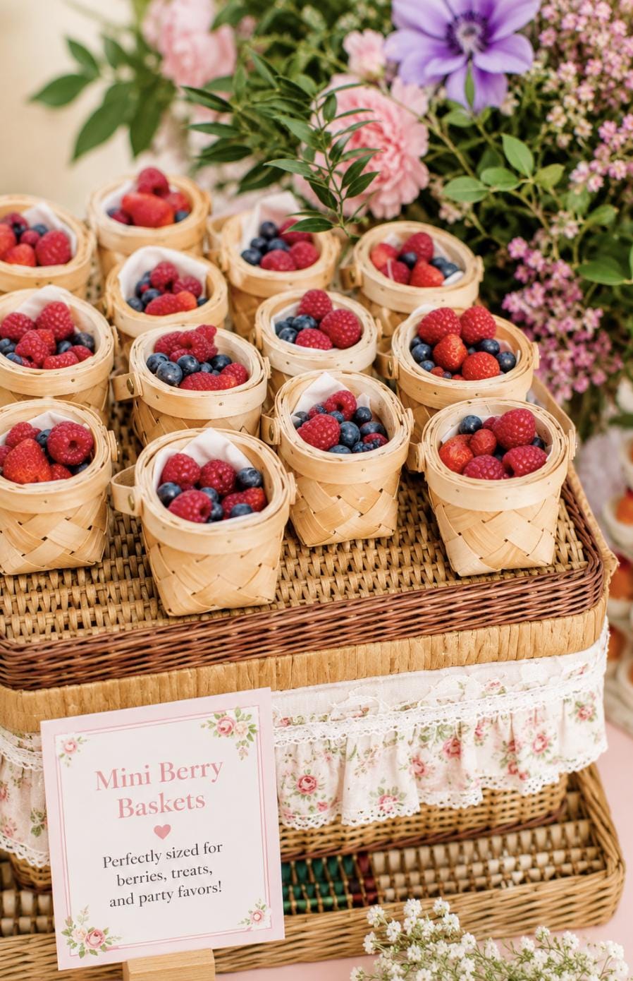 Tiny Wooden Picnic Basket Favors – Individual Berry Baskets for Weddings & Showers