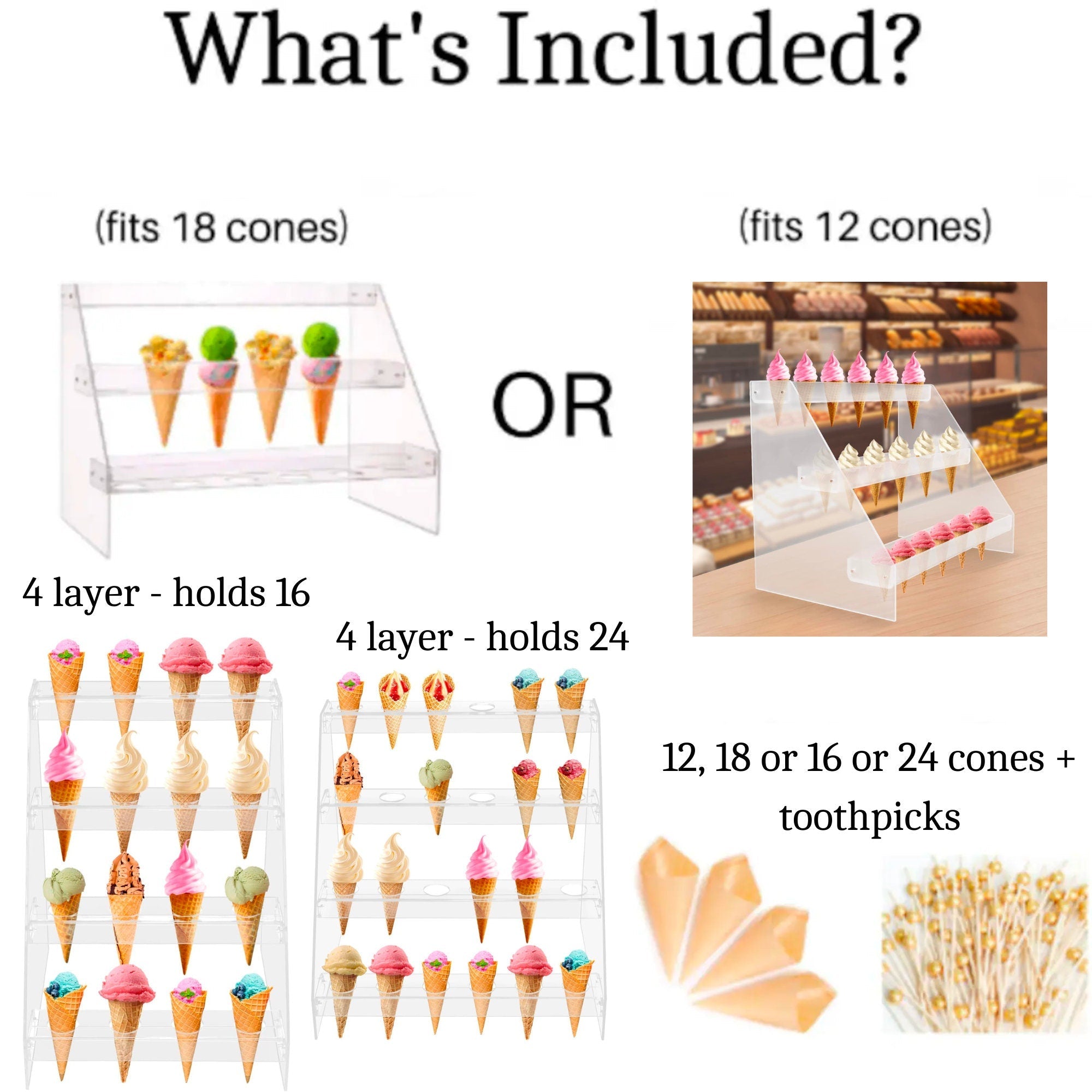 Transparent acrylic ice cream cone holder displaying party treats with fancy picks in modern event table setting.