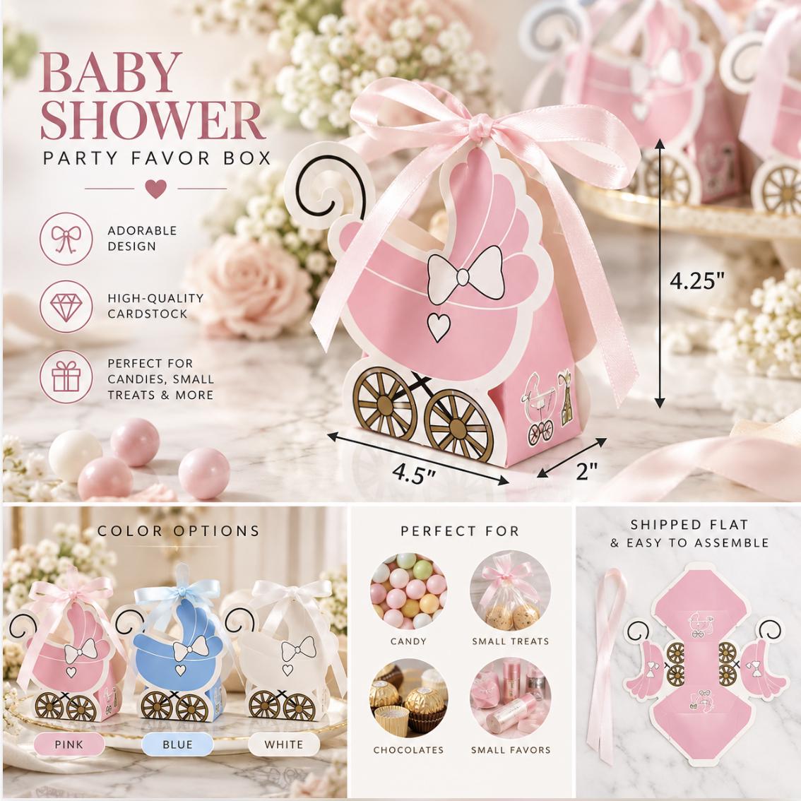 25 Pack Baby Stroller Party Favor Gift Boxes – Cardstock Carriage Candy Boxes with Ribbon Ties - Pretty Party Boxx