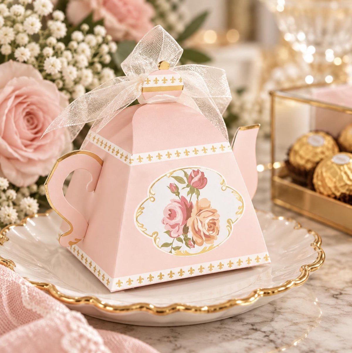 25 - Pack Mini Teapot Party Favor Boxes – Pink Peony Floral Gift Boxes for Weddings & Tea Parties - Pretty Party Boxx