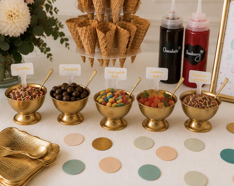 Wedding ice cream bar dessert station with elegant topping bowls, cone stand, syrups and ice cream bar decorations