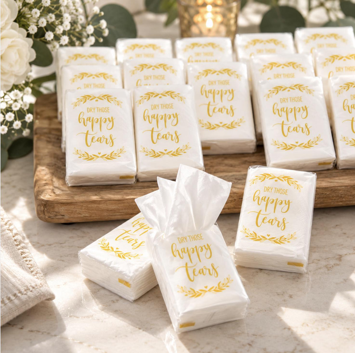 Wedding Tissue Pack Favors – "Dry Those Happy Tears" Pocket Tissues for Guests, Welcome Bags & Bridal Events (10 Sheets per Pack) - Pretty Party Boxx