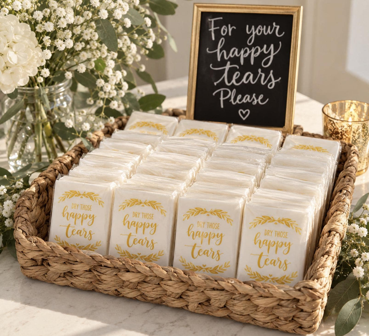 Wedding Tissue Pack Favors – "Dry Those Happy Tears" Pocket Tissues for Guests, Welcome Bags & Bridal Events (10 Sheets per Pack) - Pretty Party Boxx