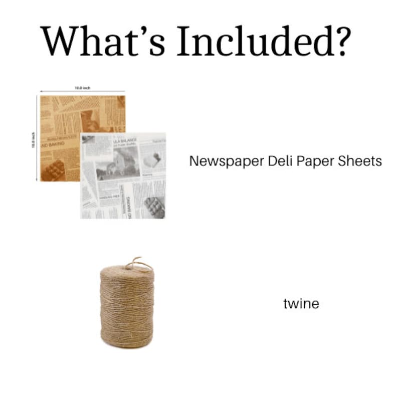 What's included: newspaper deli wrapping paper sheets and twine for vintage sandwich wrapping and food presentation styling.