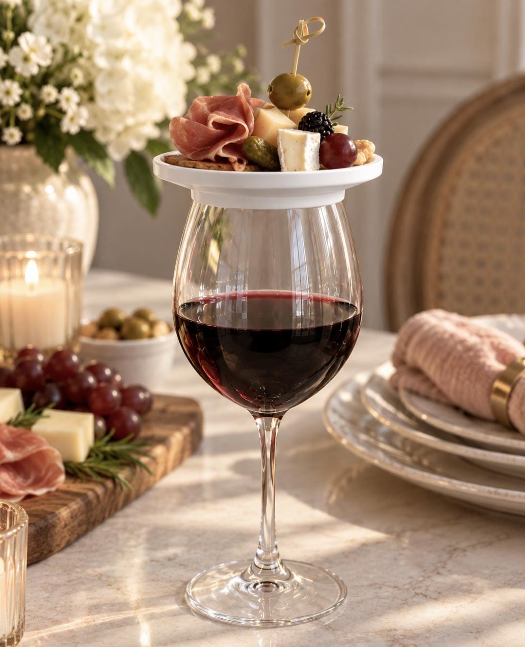 White Wooden Wine Glass Charcuterie Toppers with Toothpicks – Wine Glass Snack Plates