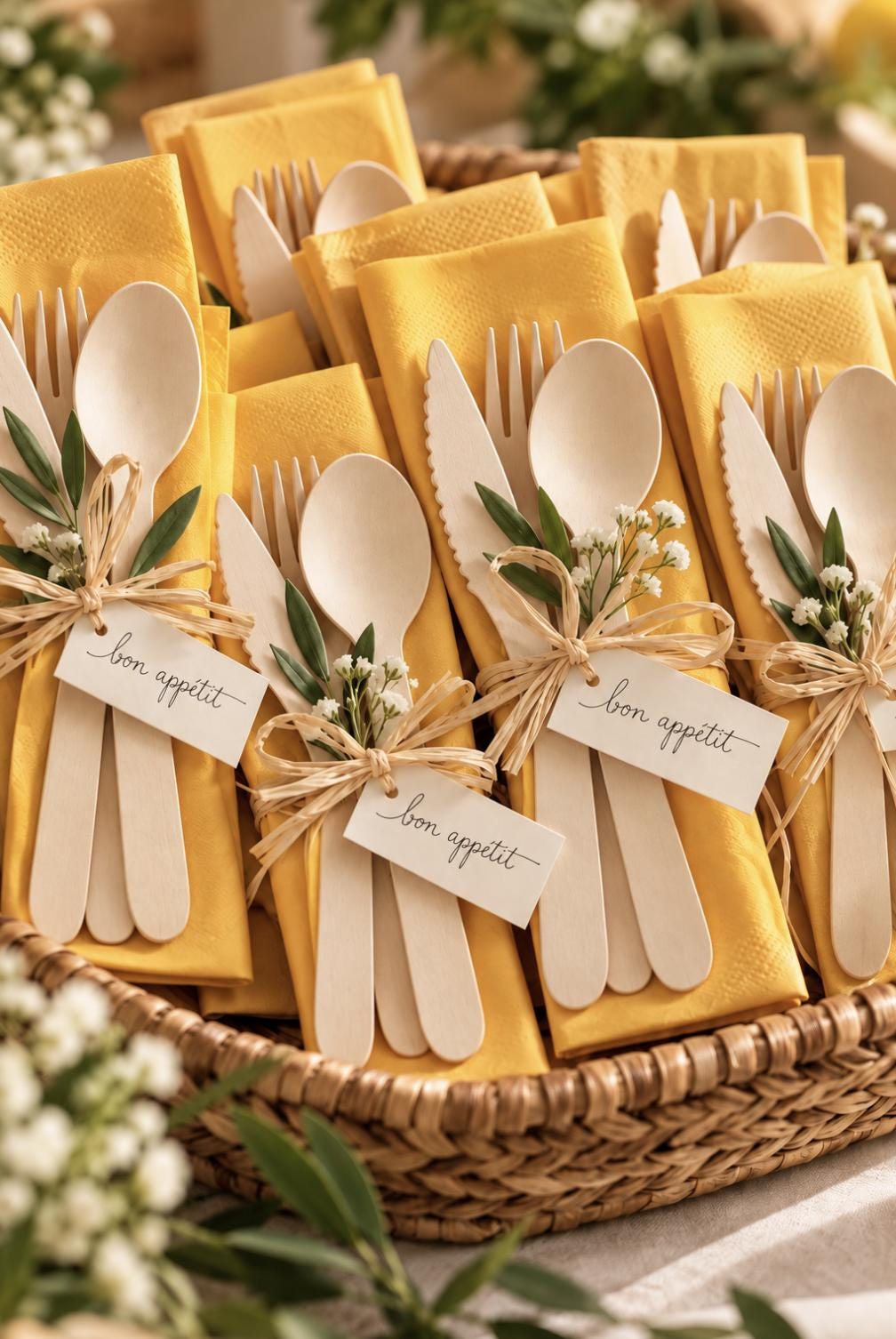 Disposable wooden cutlery set (fork, spoon, knife) on a table with grilled meat and BBQ items for a party.