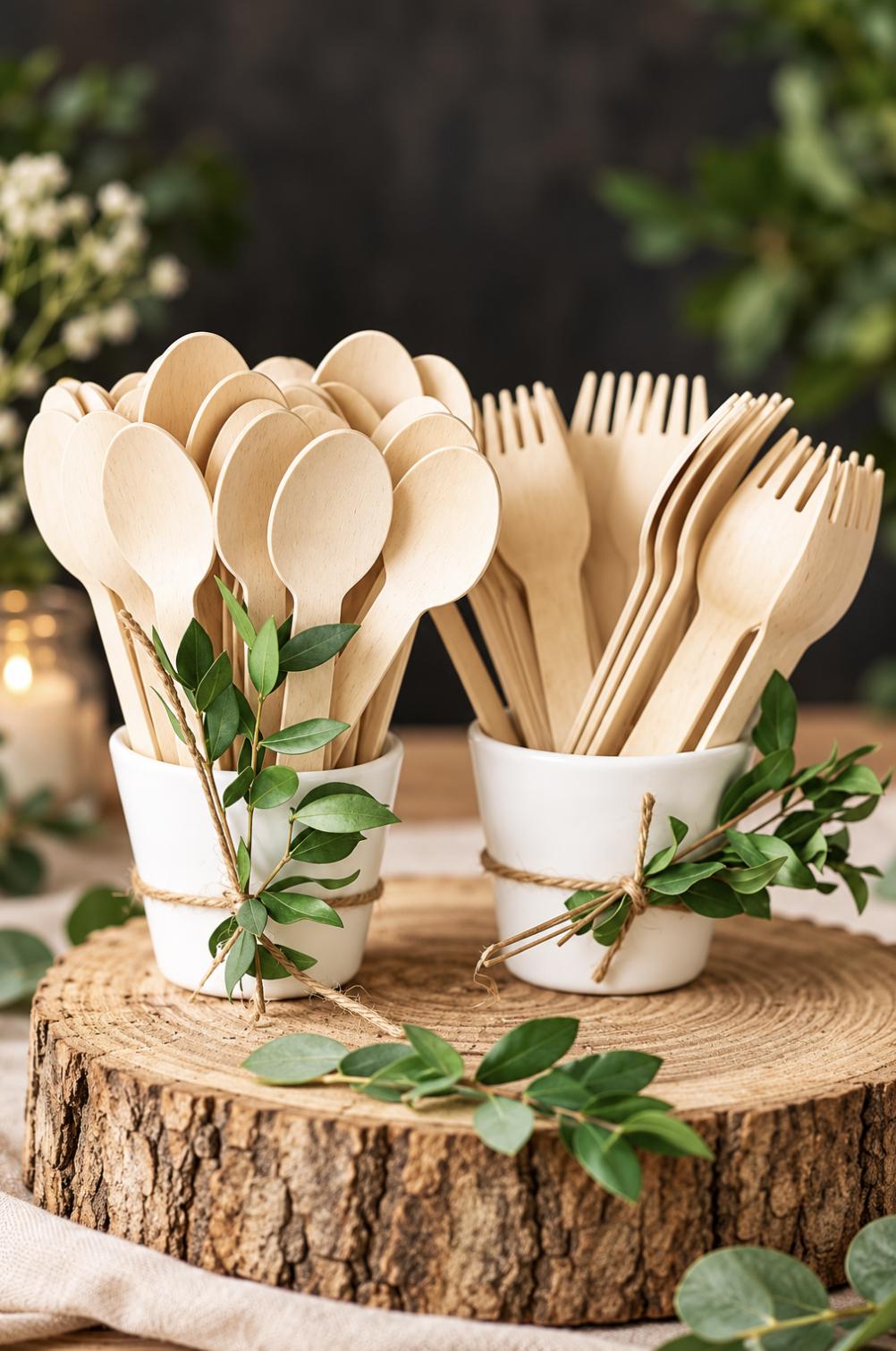Disposable wooden cutlery sets individually wrapped for catering, events, and takeout. Biodegradable forks & spoons.