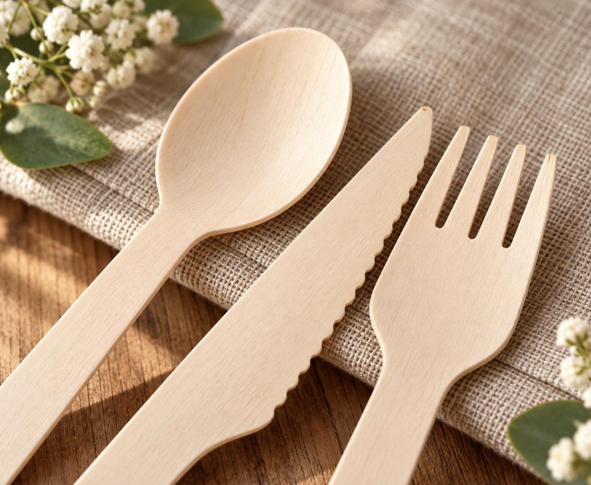 Close-up of compostable wooden fork, knife, and spoon. Biodegradable disposable utensils for eco-friendly events.