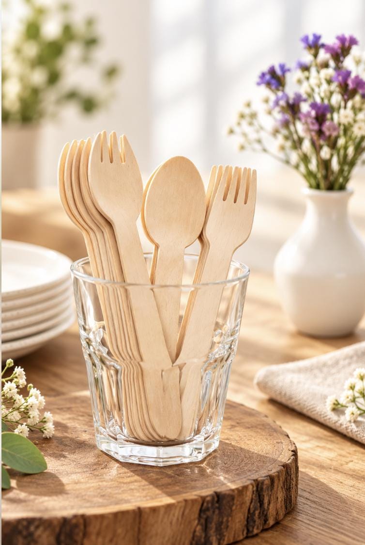 Close-up of compostable wooden fork, knife, and spoon. Biodegradable disposable utensils for eco-friendly events.