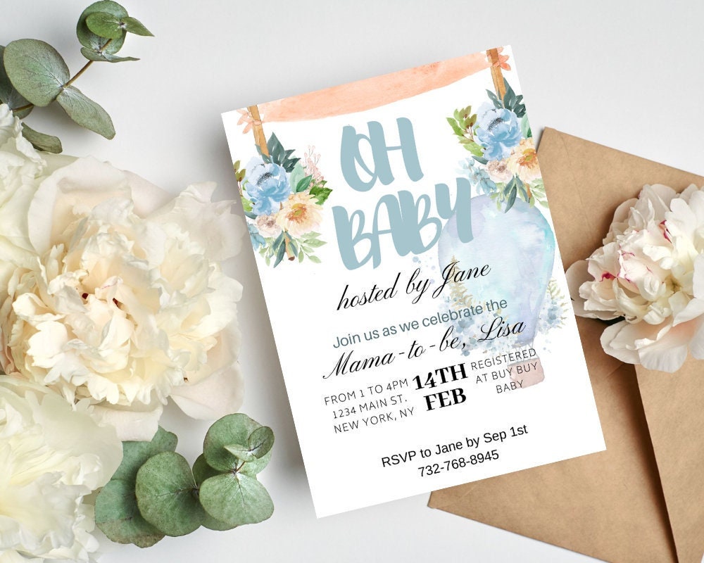 Floral Hot air Balloon Baby Shower Invitation Blue Whimsical Oh Baby Invitation Instant Download