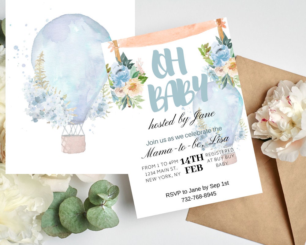 Floral Hot air Balloon Baby Shower Invitation Blue Whimsical Oh Baby Invitation Instant Download