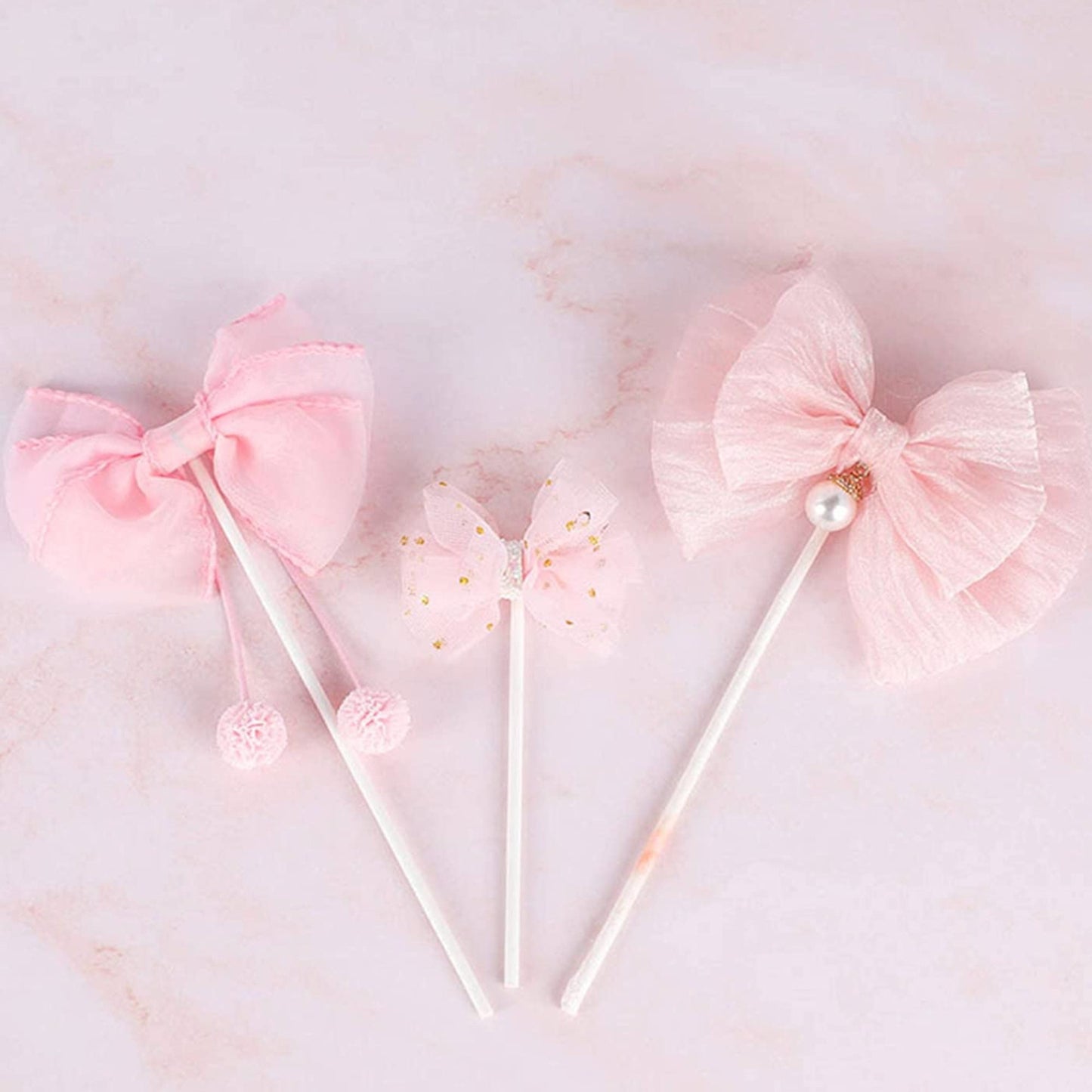 Girly Fancy Cake Topper Pink Bows 3 Piece Set