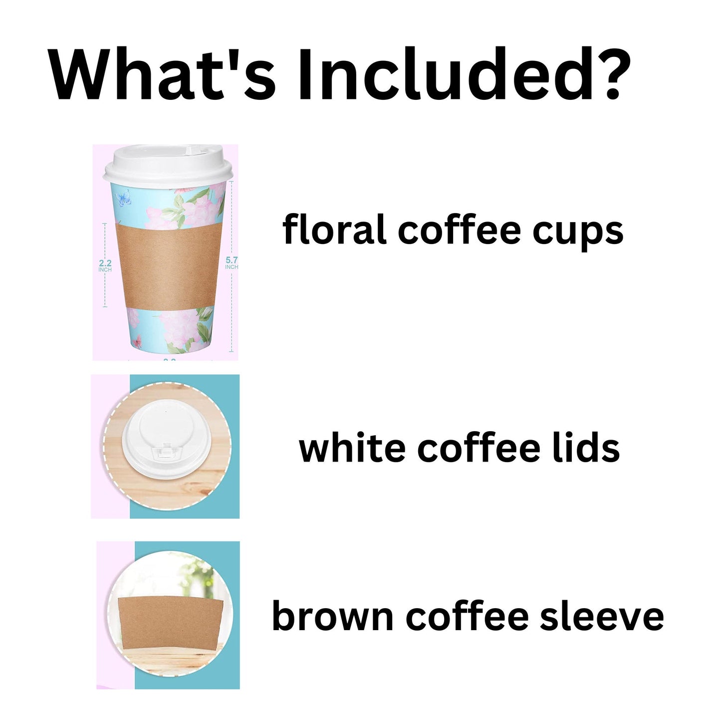 Floral Paper Insulated 16 oz Disposable Coffee Cups w/Lids and Sleeve for Bridal Baby Shower Wedding