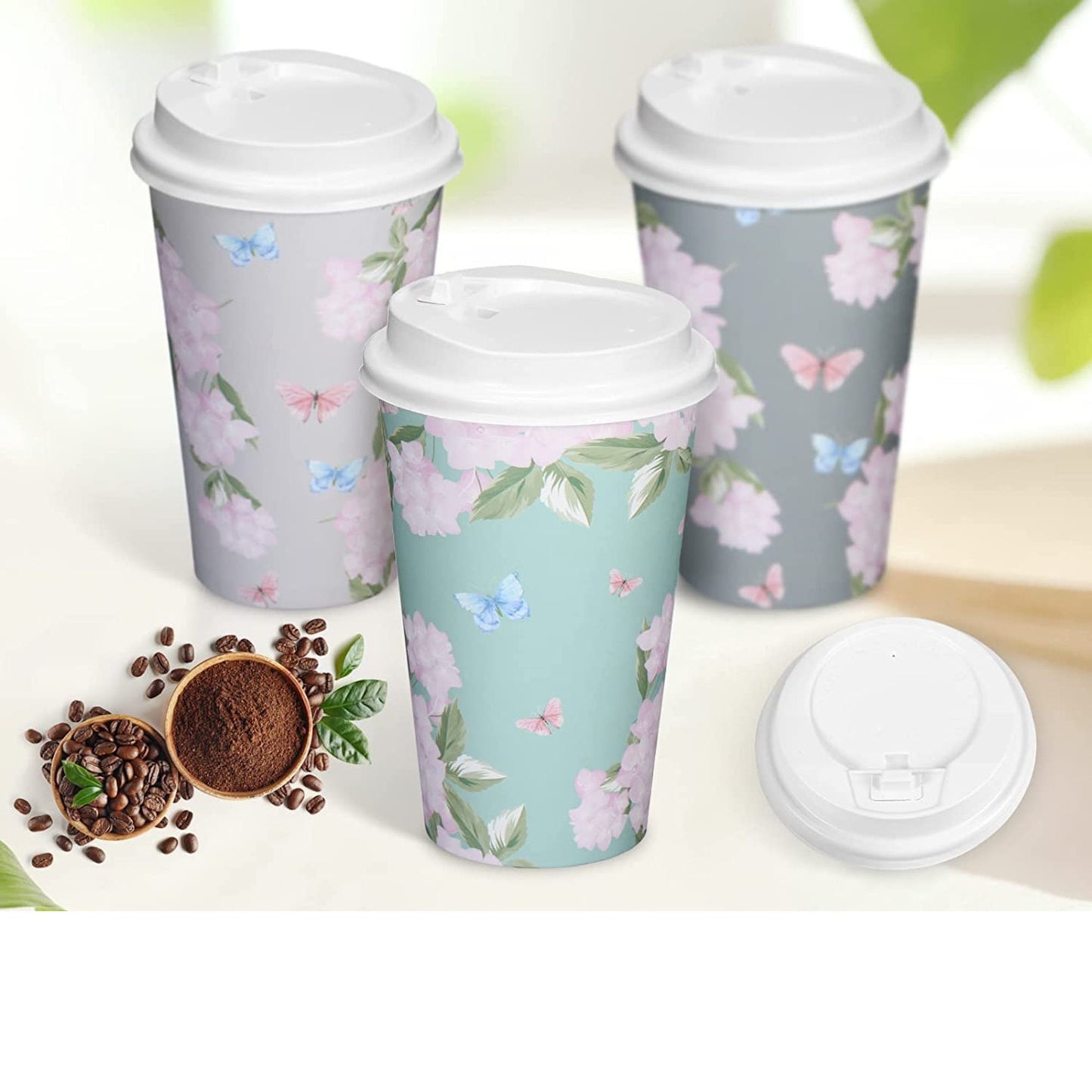 Floral Paper Insulated 16 oz Disposable Coffee Cups w/Lids and Sleeve for Bridal Baby Shower Wedding