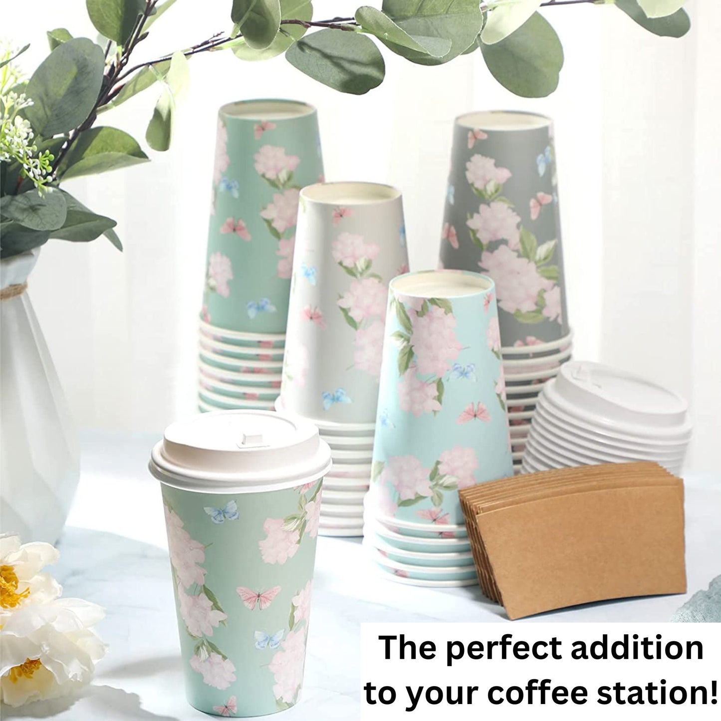 Floral Paper Insulated 16 oz Disposable Coffee Cups w/Lids and Sleeve for Bridal Baby Shower Wedding