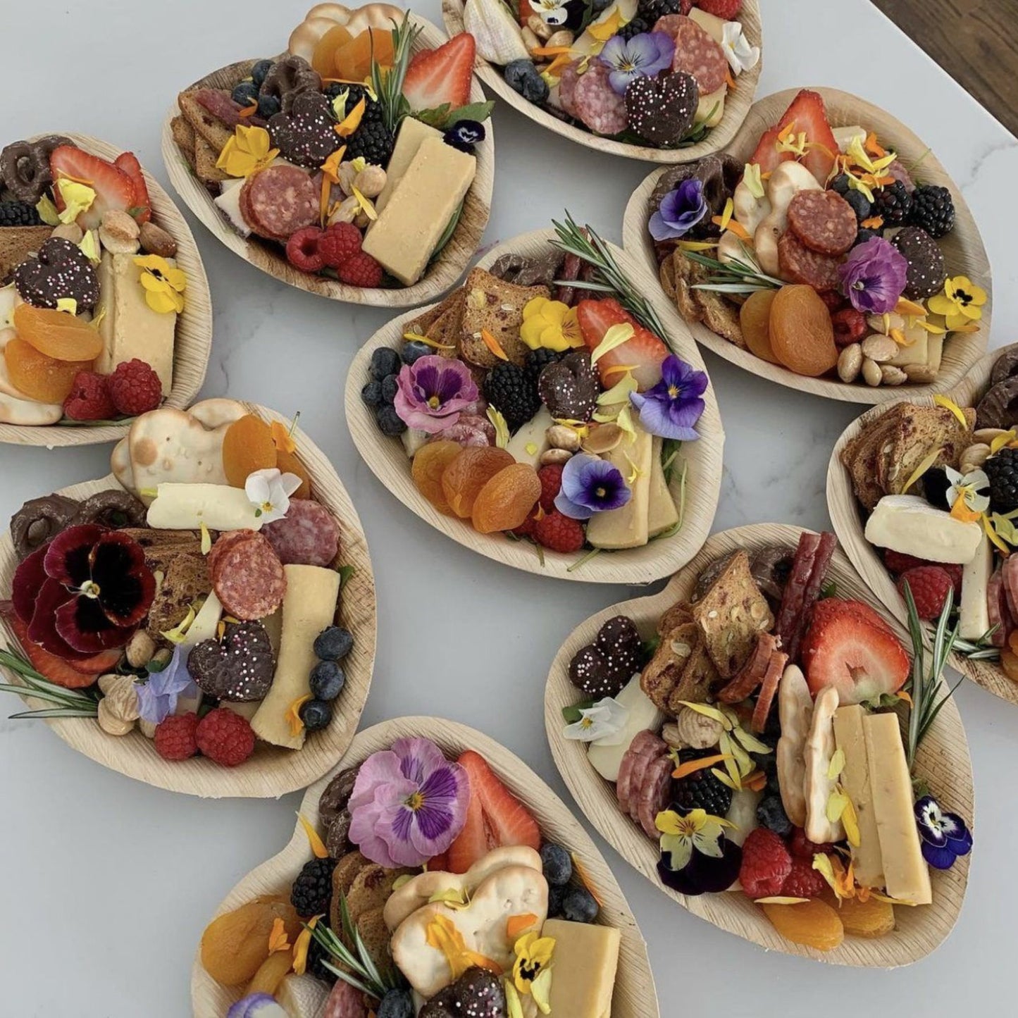 Heart Shaped Bamboo Charcuterie Plates with Fancy Toothpicks for Food Favor Dessert Display