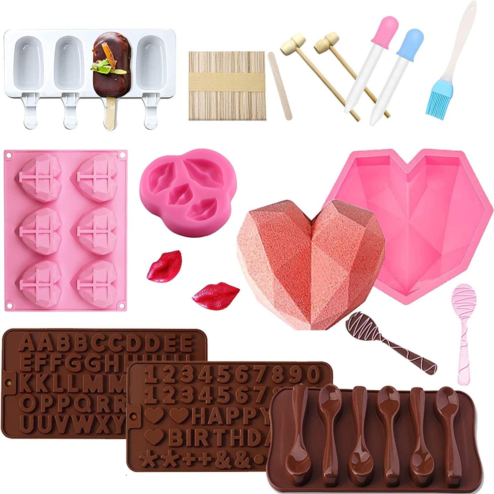 Heart Chocolate Mold, IVARSOYA 2Pcs Diamond Heart Silicone Molds for Baking  with 3Pcs Wooden Hammers 1Pc Letter Mold 1Pc Number Mold Tray for Home