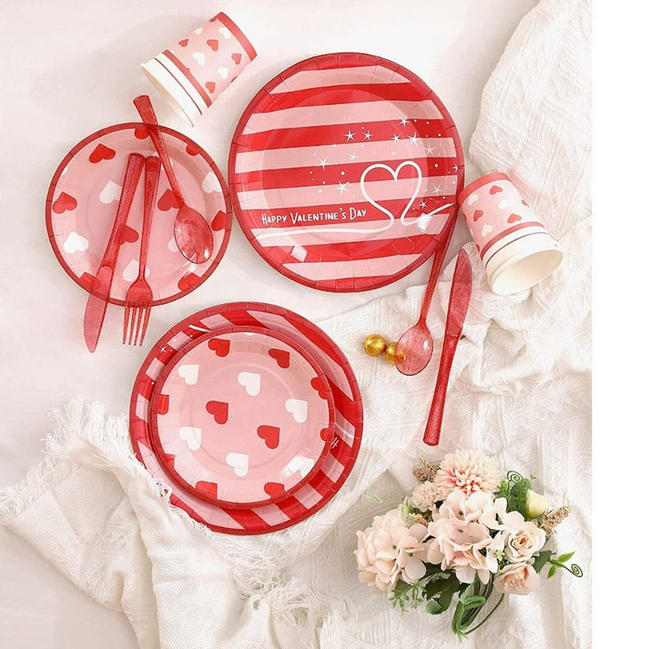 Valentine's Day Party Pack Paper Plate Cups Napkins Cutlery Set, valentine paper plates, valentine plates, valentine plates ceramic, valentines day paper plates, valentine salad plates
