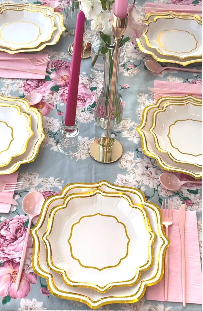 white paper plates, rose gold paper plates